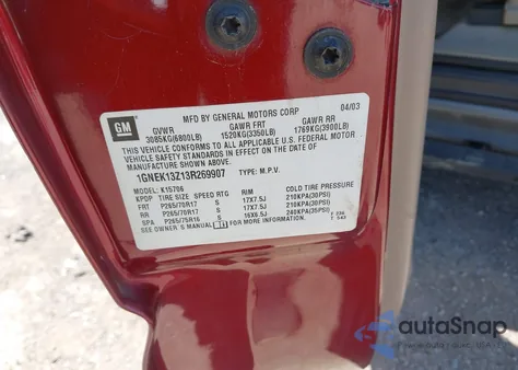 2003 Chevrolet Tahoe Z71 from USA, damaged, VIN 1GNEK13Z13R269907